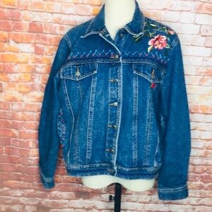 Vintage Together Blue Floral Embroidered Button Up Denim Jacket